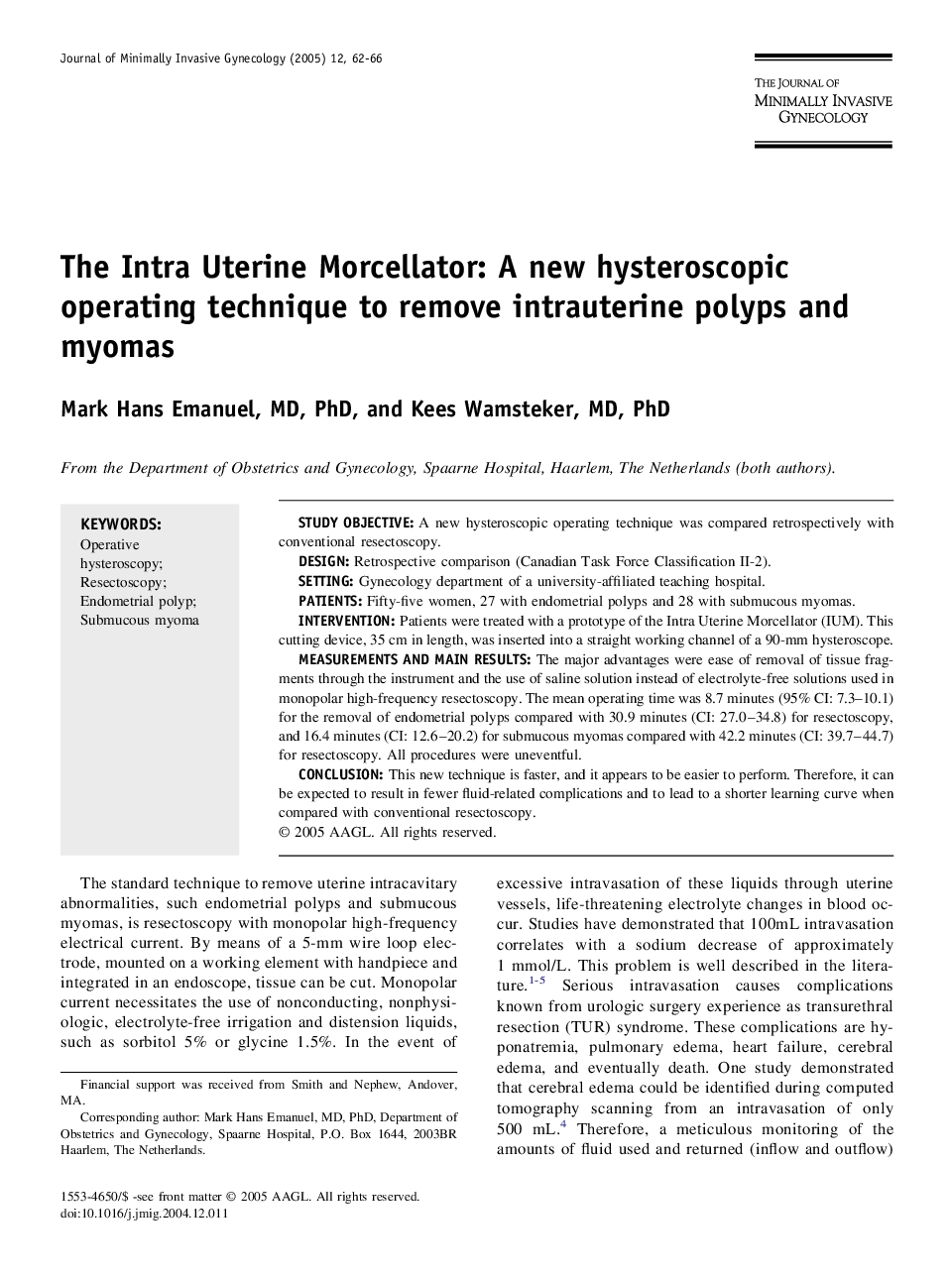 The Intra Uterine Morcellator: A new hysteroscopic operating technique to remove intrauterine polyps and myomas