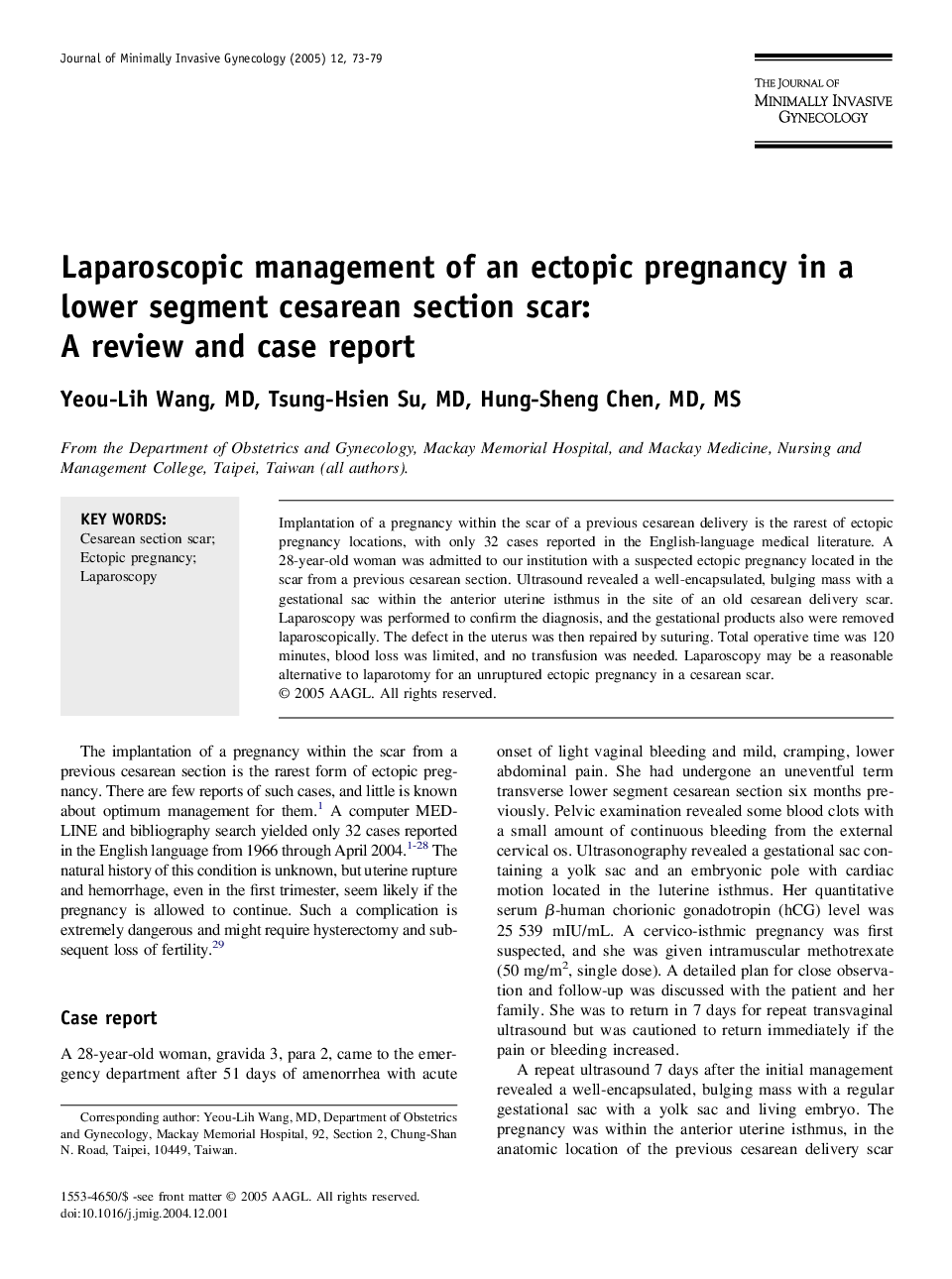 Laparoscopic management of an ectopic pregnancy in a lower segment cesarean section scar: A review and case report