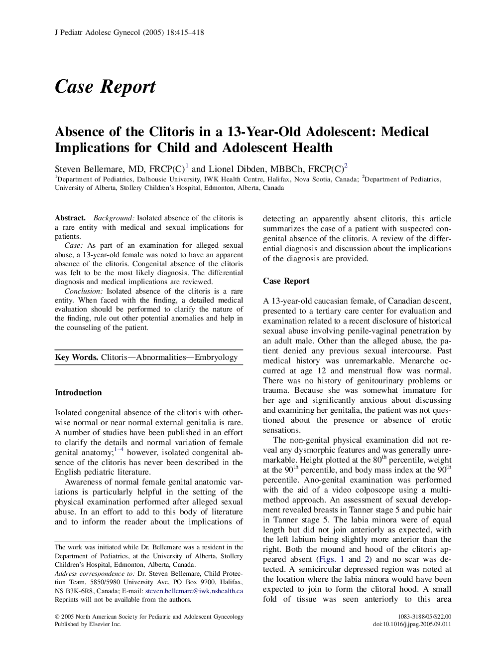 Absence of the Clitoris in a 13-Year-Old Adolescent: Medical Implications for Child and Adolescent Health