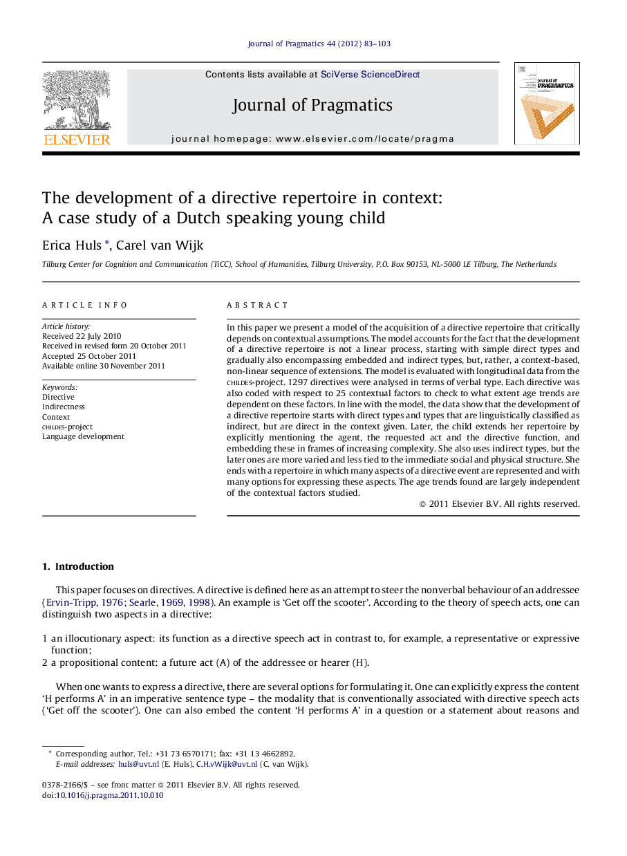 The development of a directive repertoire in context: A case study of a Dutch speaking young child