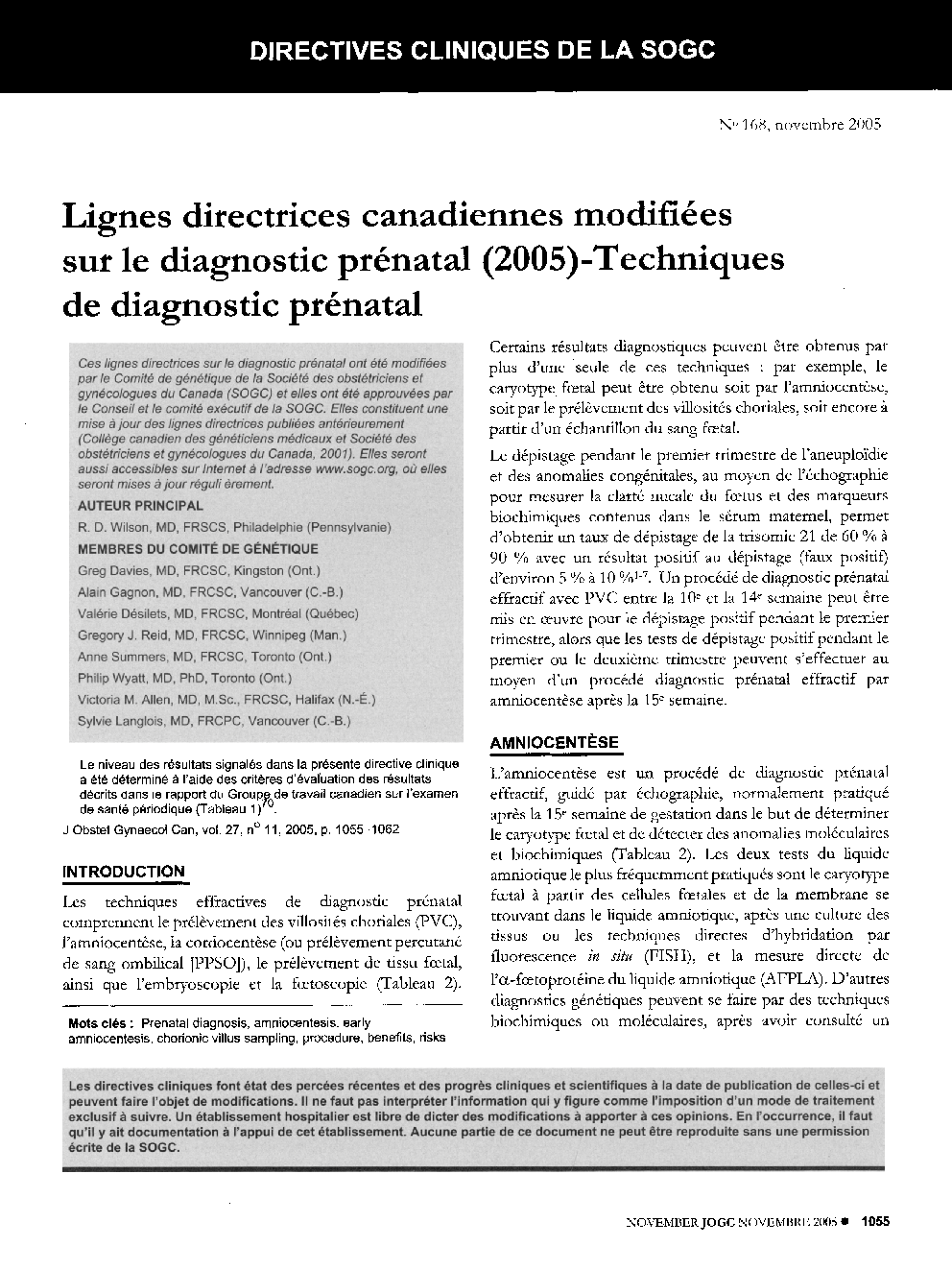 Lignes directrices canadiennes modifiées sur le diagnostic prénatal (2005)-Techniques de diagnostic prénatal