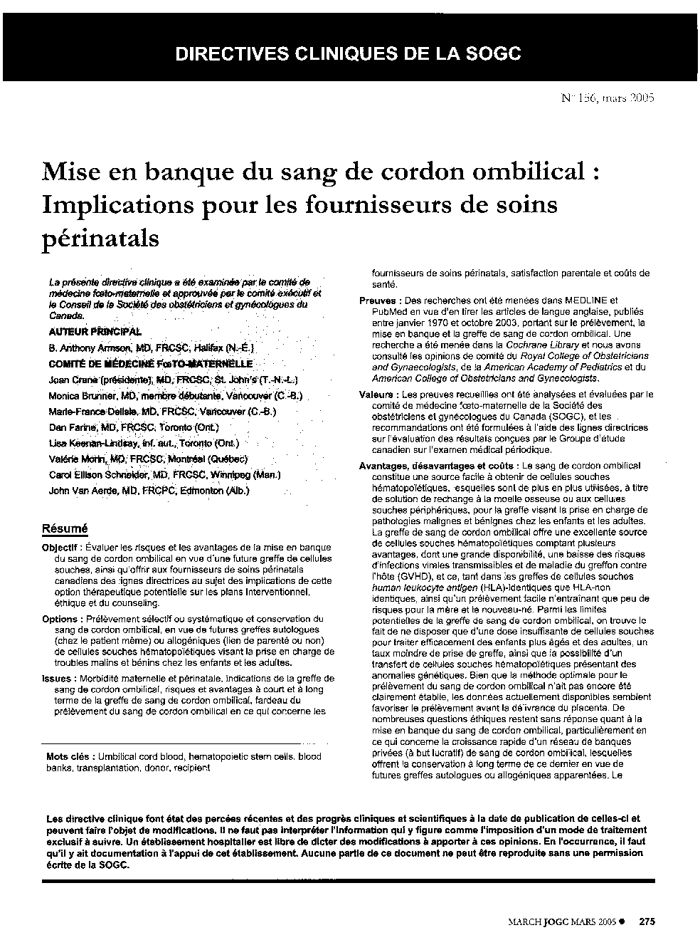 Mise en banque du sang de cordon ombilical : Implications pour les fournisseurs de soins périnatals