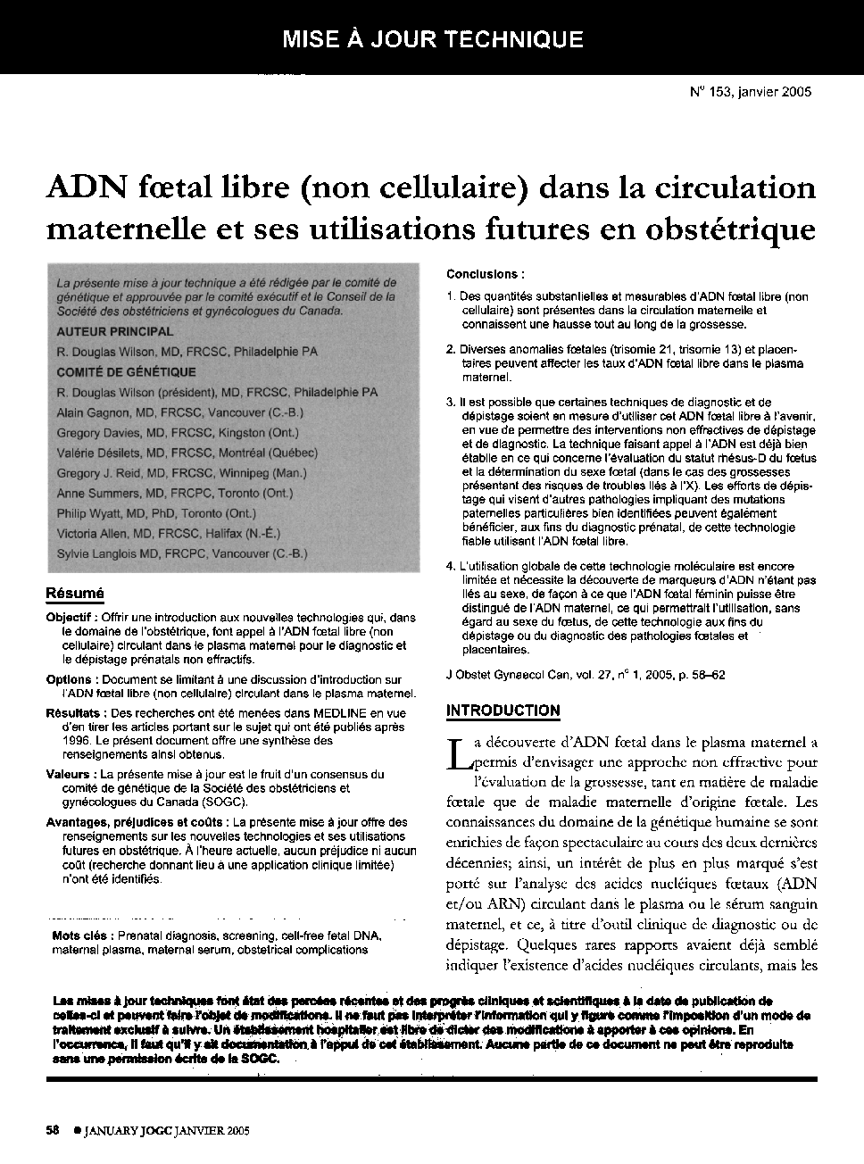 ADN fÅtal libre (non cellulaire) dans la circulation maternelle et ses utilisations futures en obstétrique