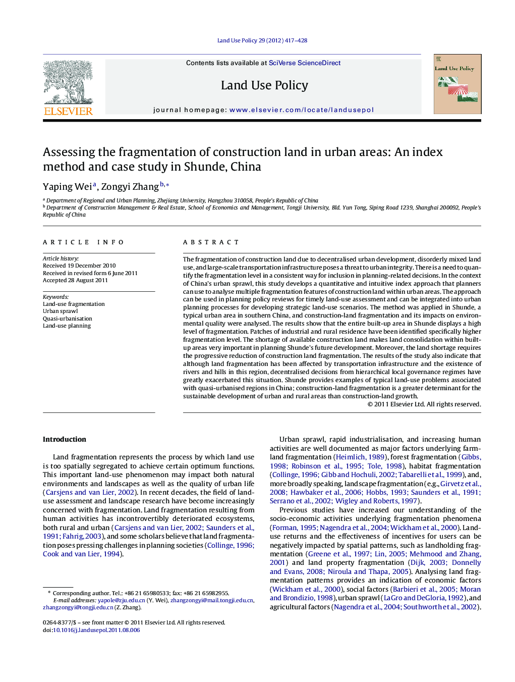 Assessing the fragmentation of construction land in urban areas: An index method and case study in Shunde, China