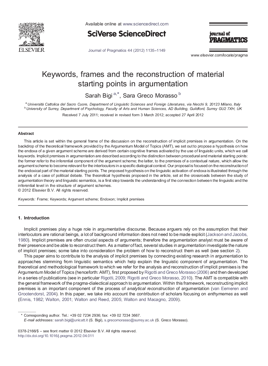 Keywords, frames and the reconstruction of material starting points in argumentation