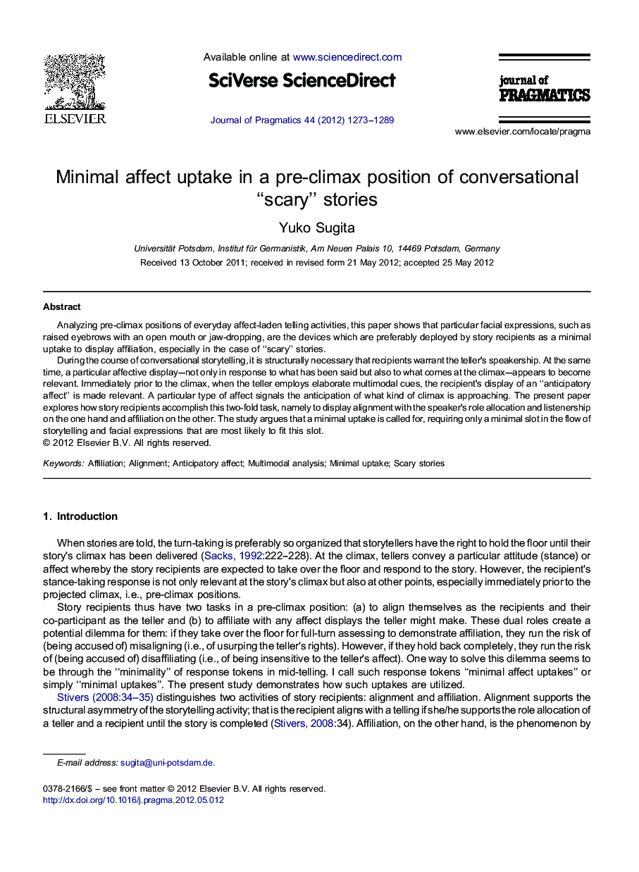 Minimal affect uptake in a pre-climax position of conversational “scary” stories