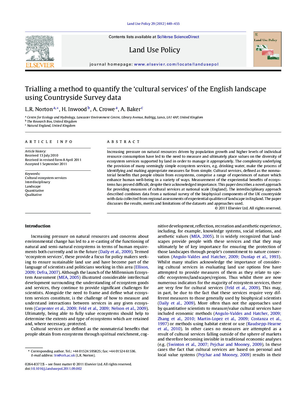 Trialling a method to quantify the ‘cultural services’ of the English landscape using Countryside Survey data