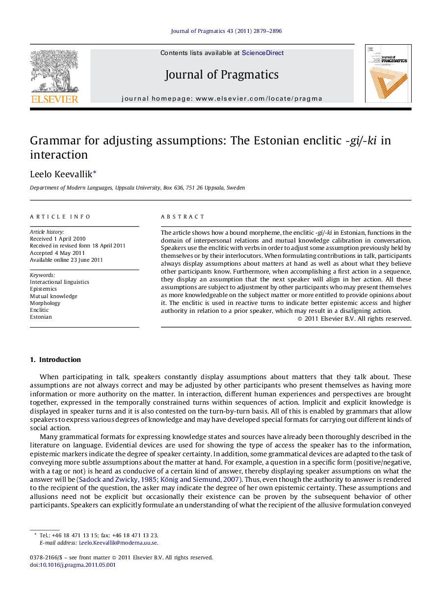 Grammar for adjusting assumptions: The Estonian enclitic -gi/-ki in interaction