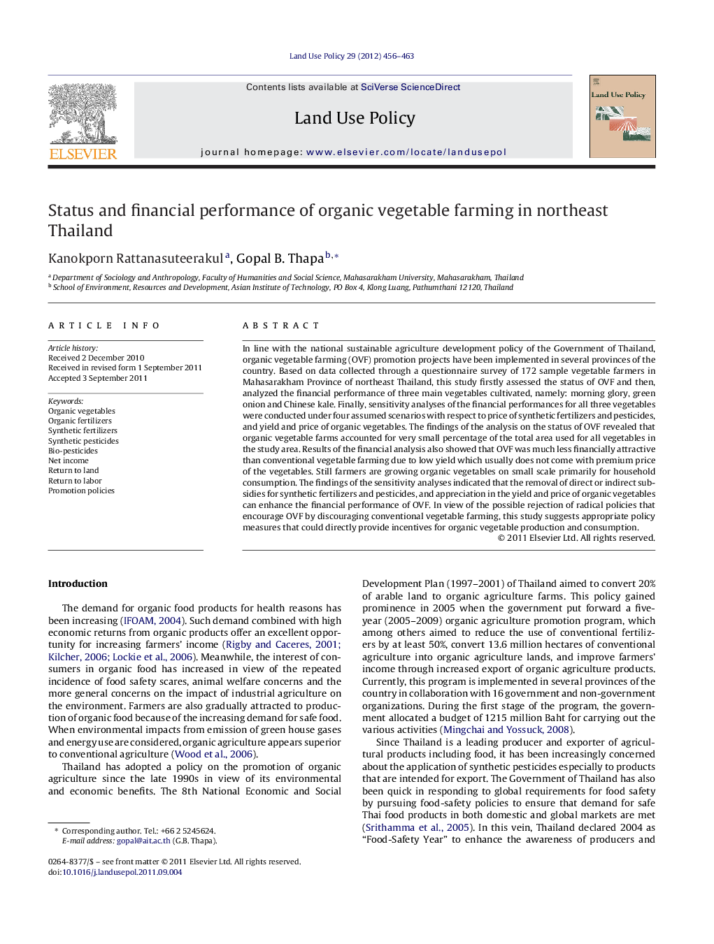 Status and financial performance of organic vegetable farming in northeast Thailand