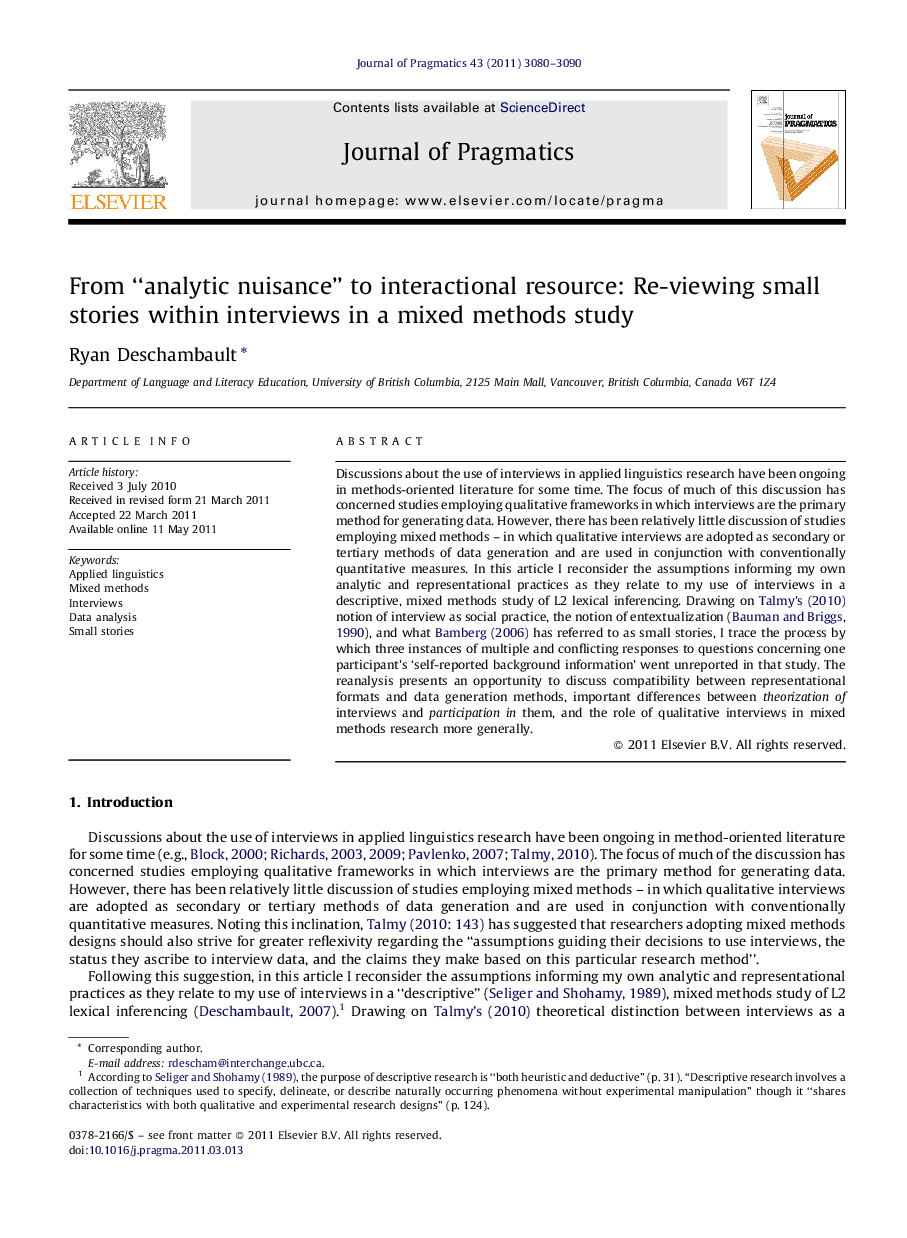 From “analytic nuisance” to interactional resource: Re-viewing small stories within interviews in a mixed methods study