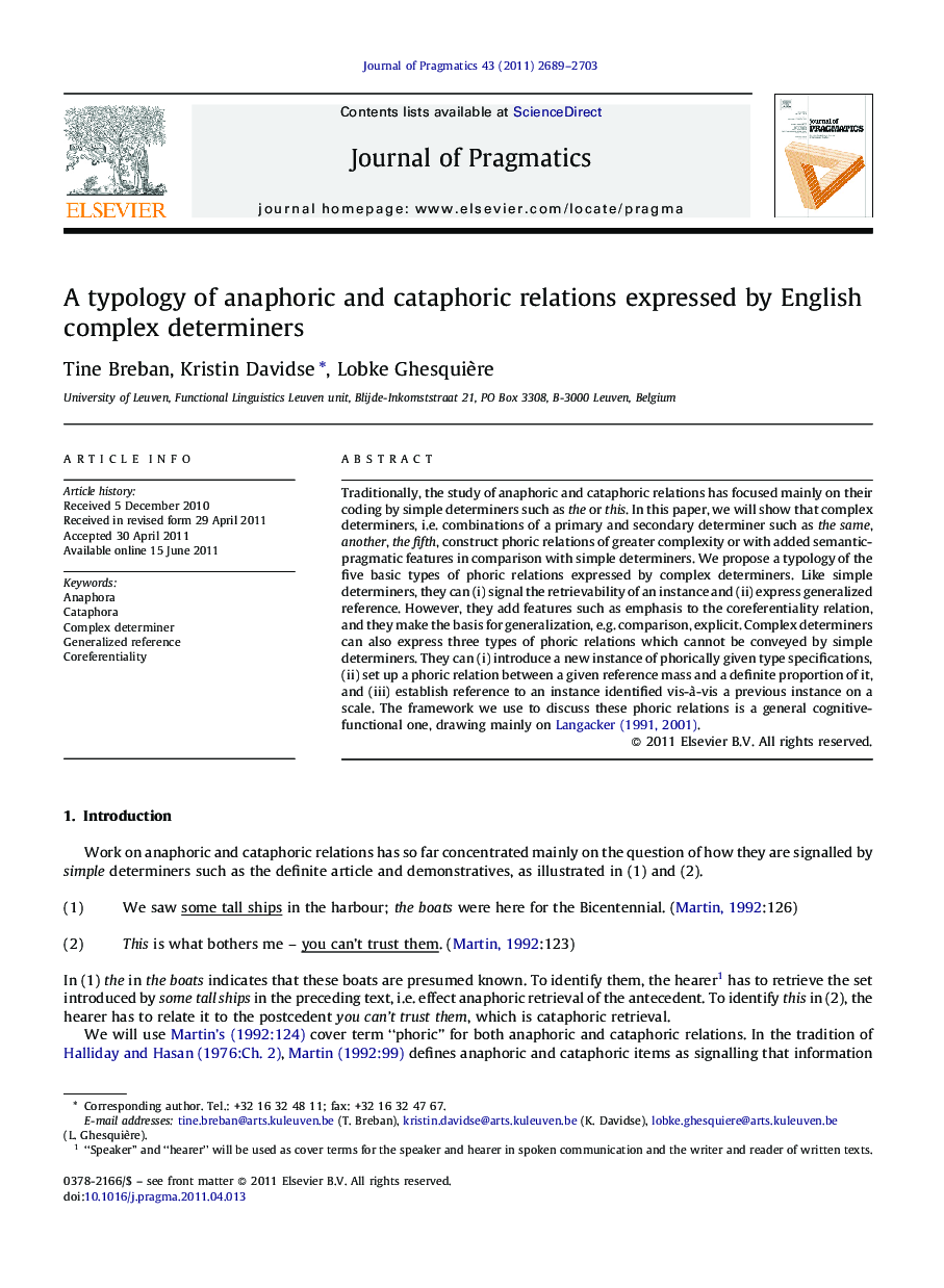 A typology of anaphoric and cataphoric relations expressed by English complex determiners