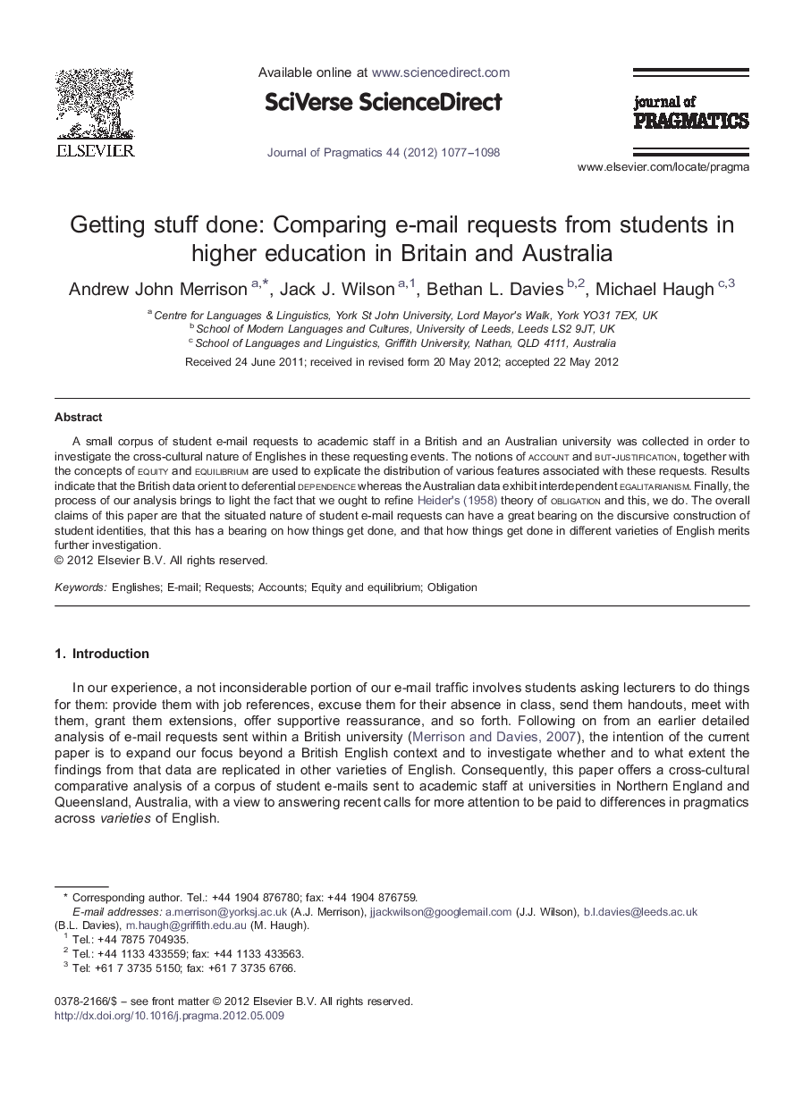 Getting stuff done: Comparing e-mail requests from students in higher education in Britain and Australia