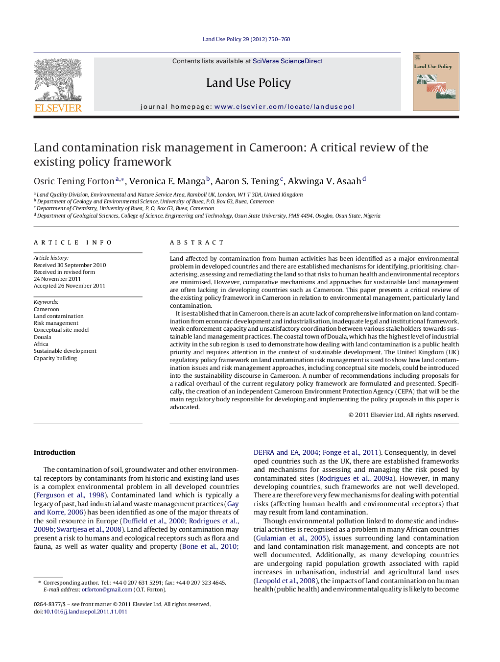 Land contamination risk management in Cameroon: A critical review of the existing policy framework