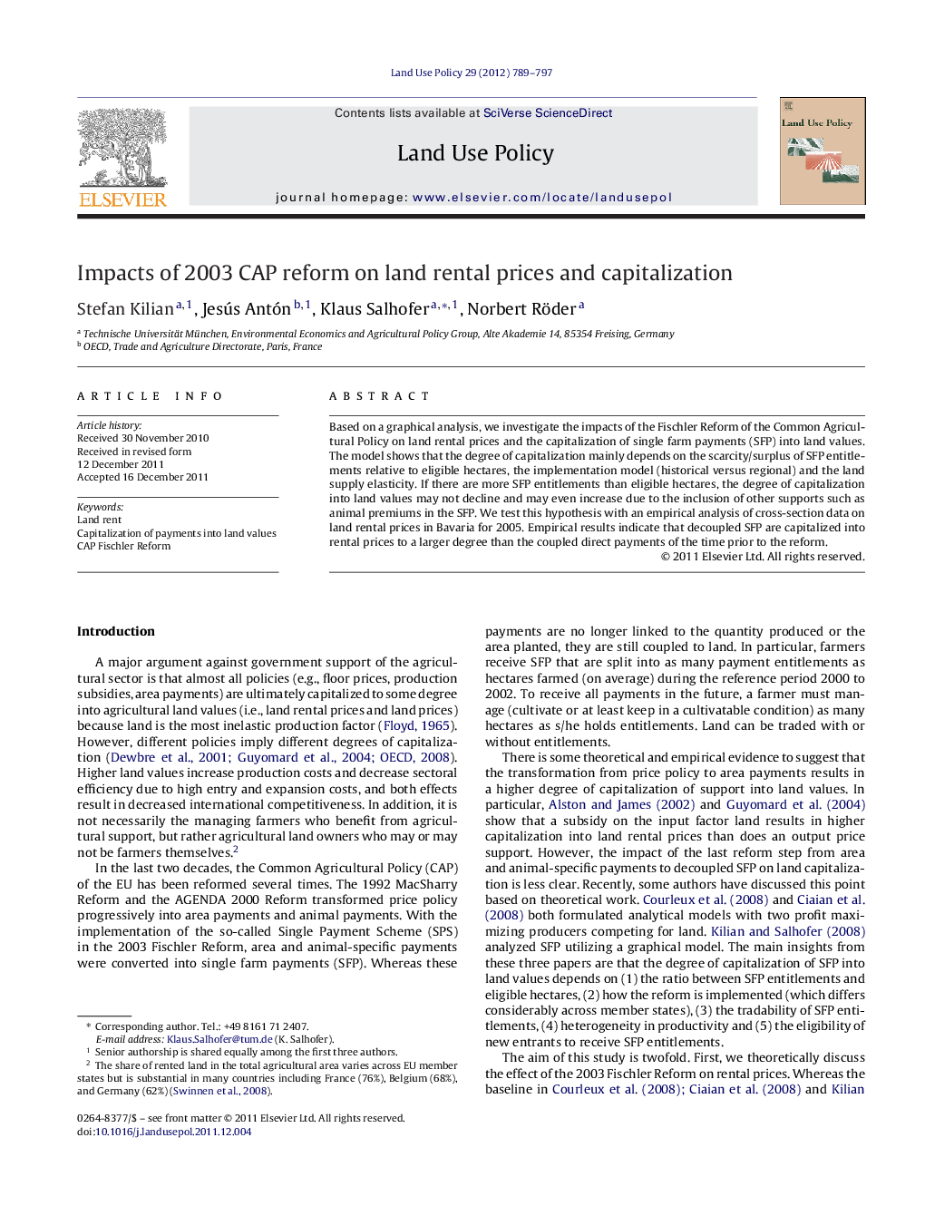 Impacts of 2003 CAP reform on land rental prices and capitalization