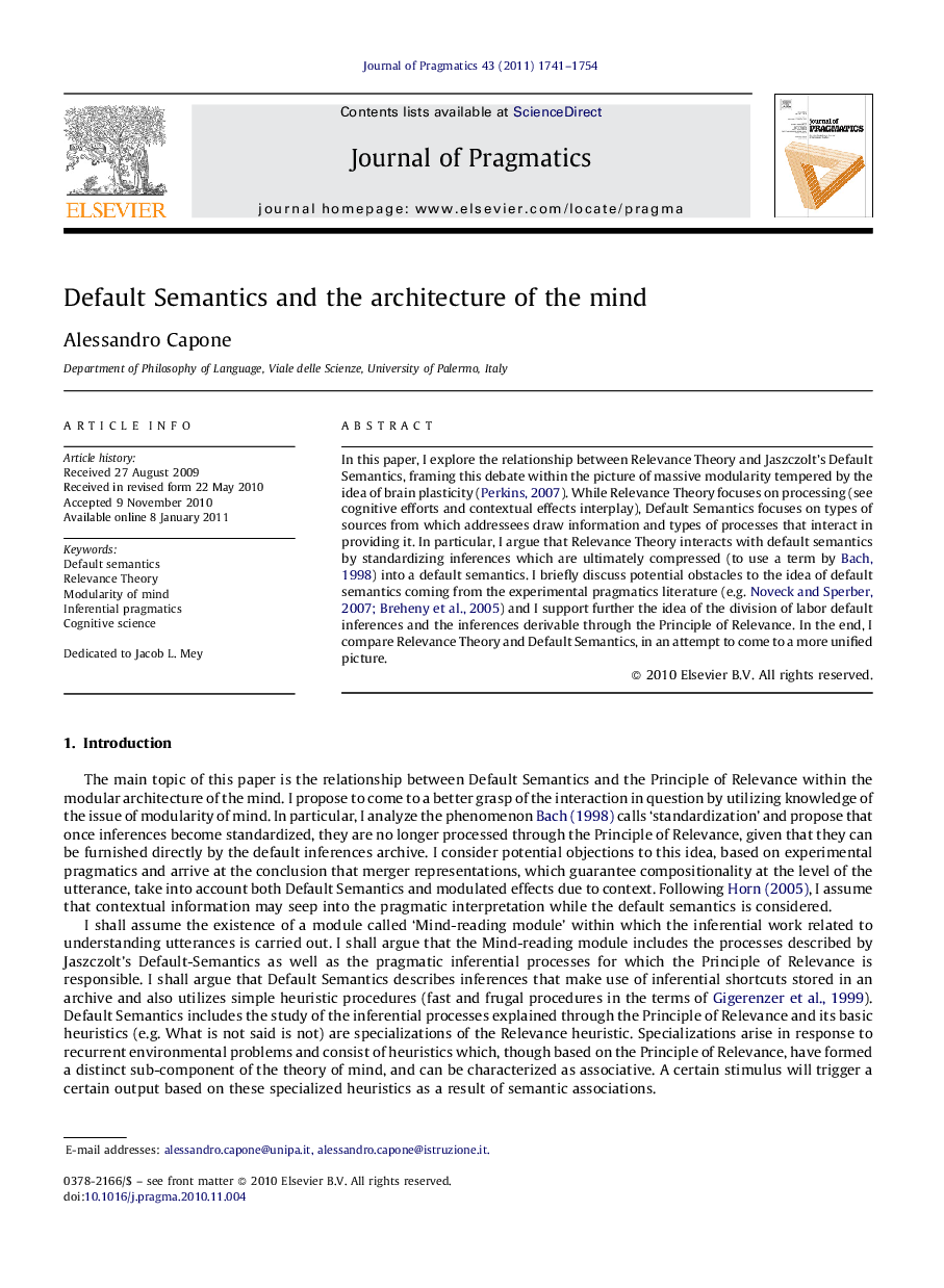 Default Semantics and the architecture of the mind