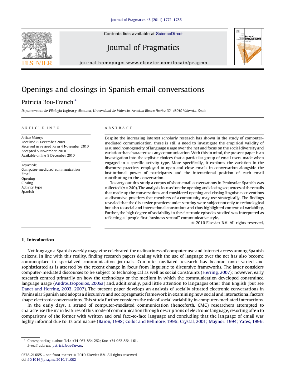 Openings and closings in Spanish email conversations