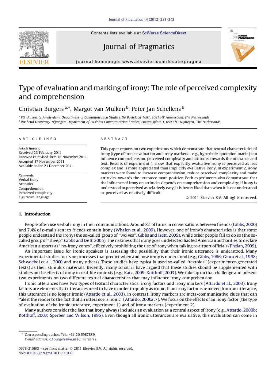 Type of evaluation and marking of irony: The role of perceived complexity and comprehension