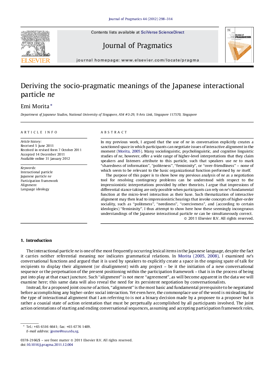 Deriving the socio-pragmatic meanings of the Japanese interactional particle ne