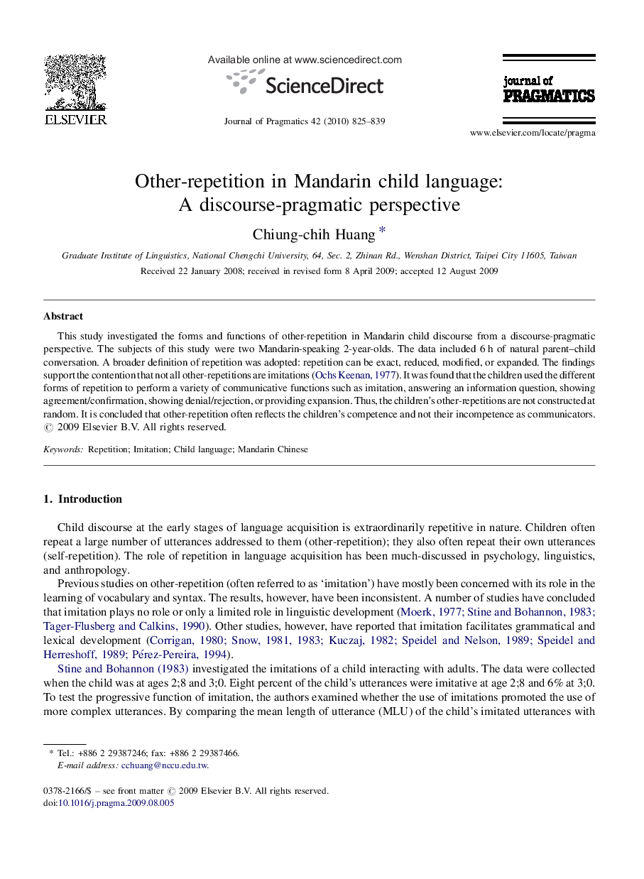 Other-repetition in Mandarin child language: A discourse-pragmatic perspective