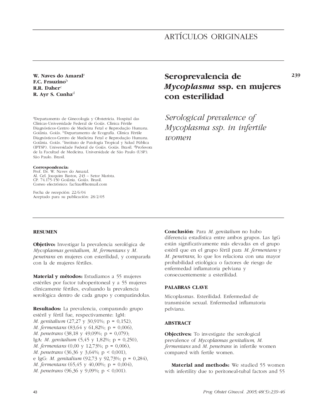 Seroprevalencia de Mycoplasma ssp. en mujeres con esterilidad