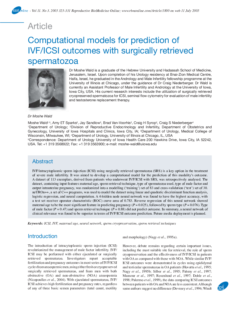 Computational models for prediction of IVF/ICSI outcomes with surgically retrieved spermatozoa