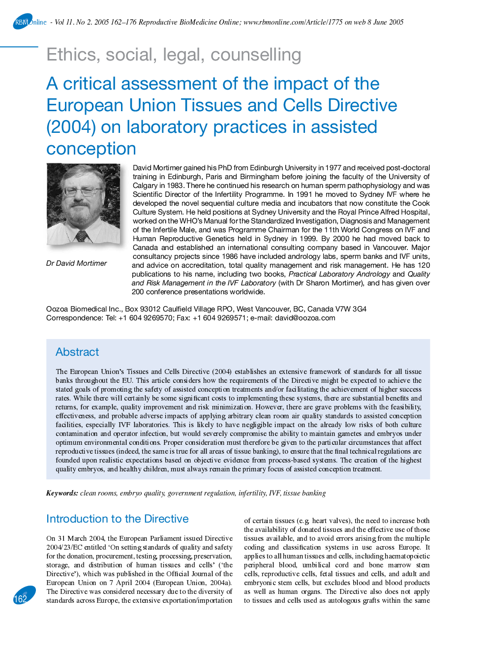 A critical assessment of the impact of the European Union Tissues and Cells Directive (2004) on laboratory practices in assisted conception