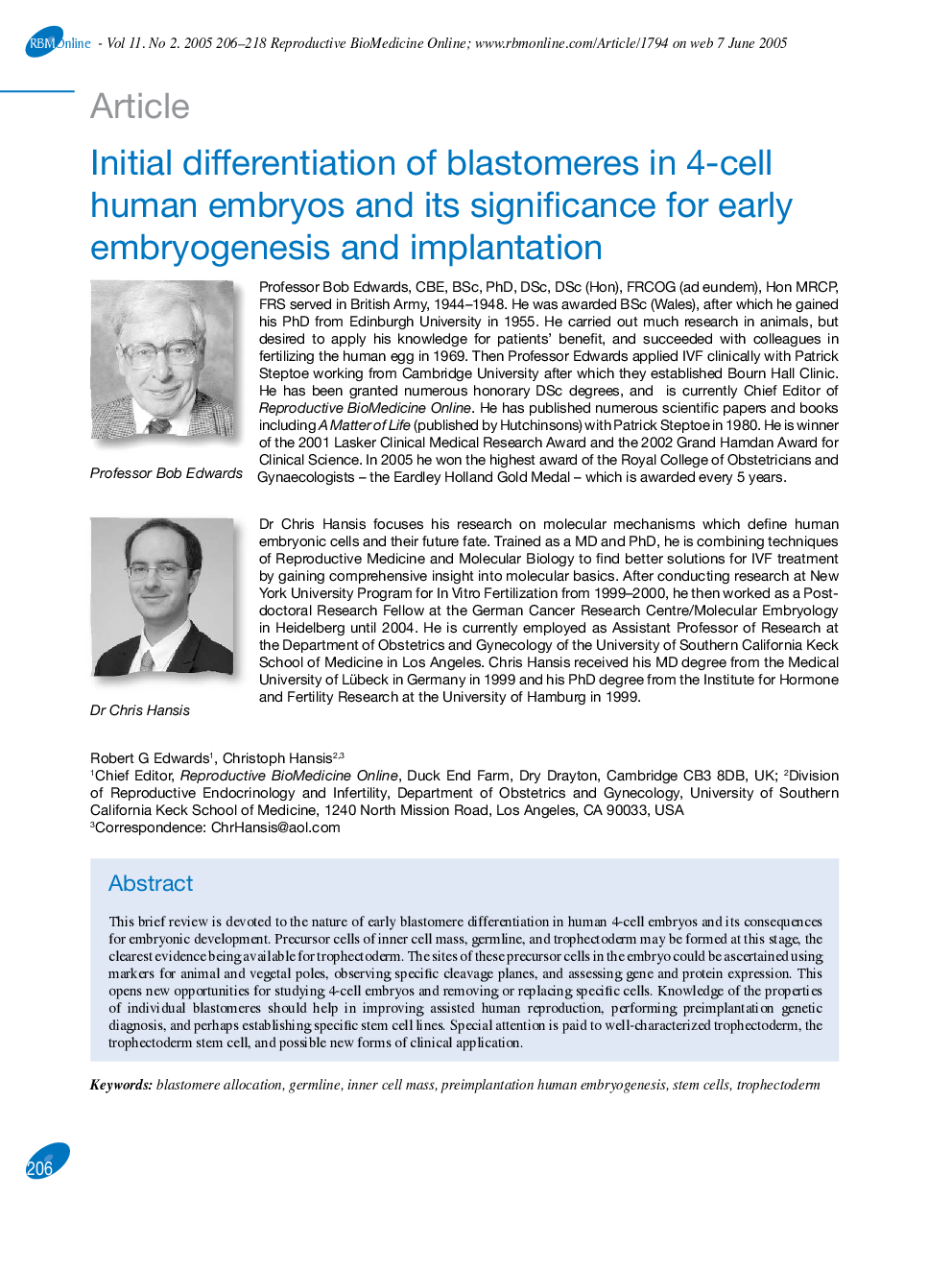 Initial differentiation of blastomeres in 4-cell human embryos and its significance for early embryogenesis and implantation