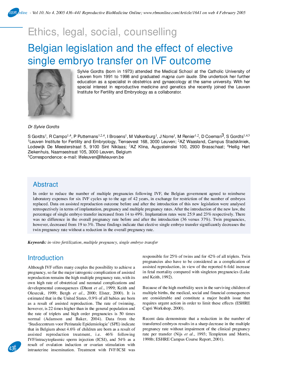 Belgian legislation and the effect of elective single embryo transfer on IVF outcome