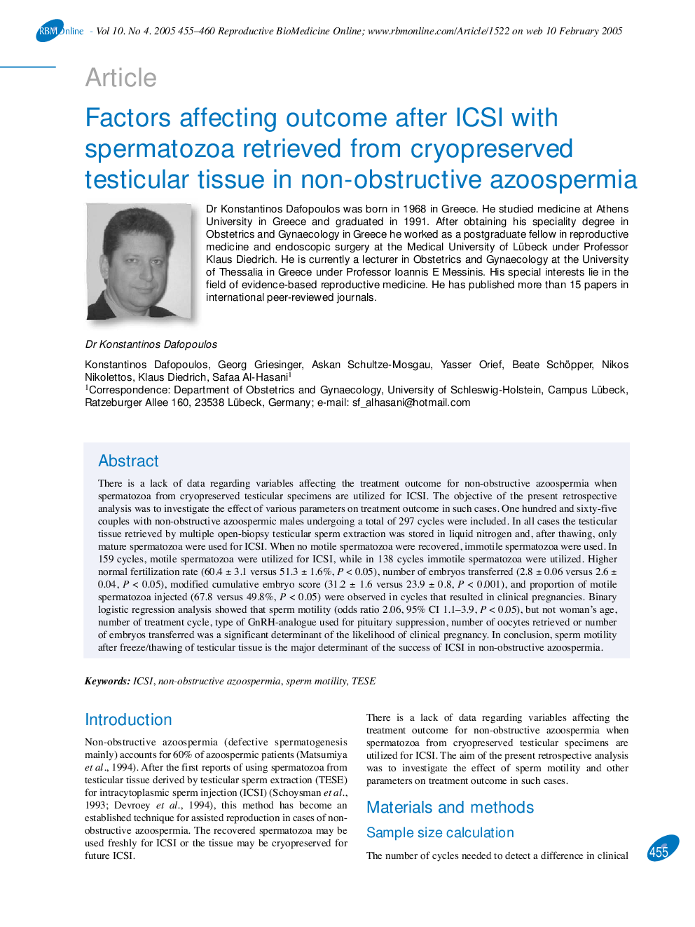 Factors affecting outcome after ICSI with spermatozoa retrieved from cryopreserved testicular tissue in non-obstructive azoospermia