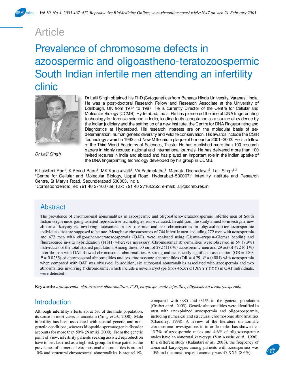 Prevalence of chromosome defects in azoospermic and oligoastheno-teratozoospermic South Indian infertile men attending an infertility clinic