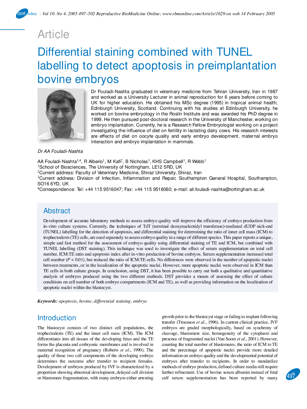 Differential staining combined with TUNEL labelling to detect apoptosis in preimplantation bovine embryos