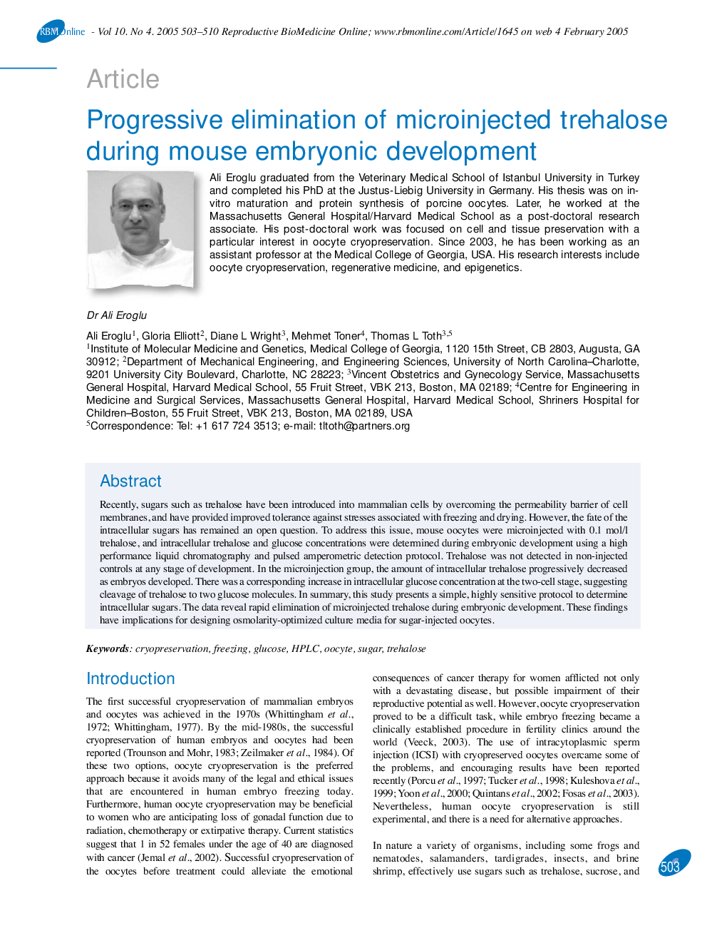 Progressive elimination of microinjected trehalose during mouse embryonic development