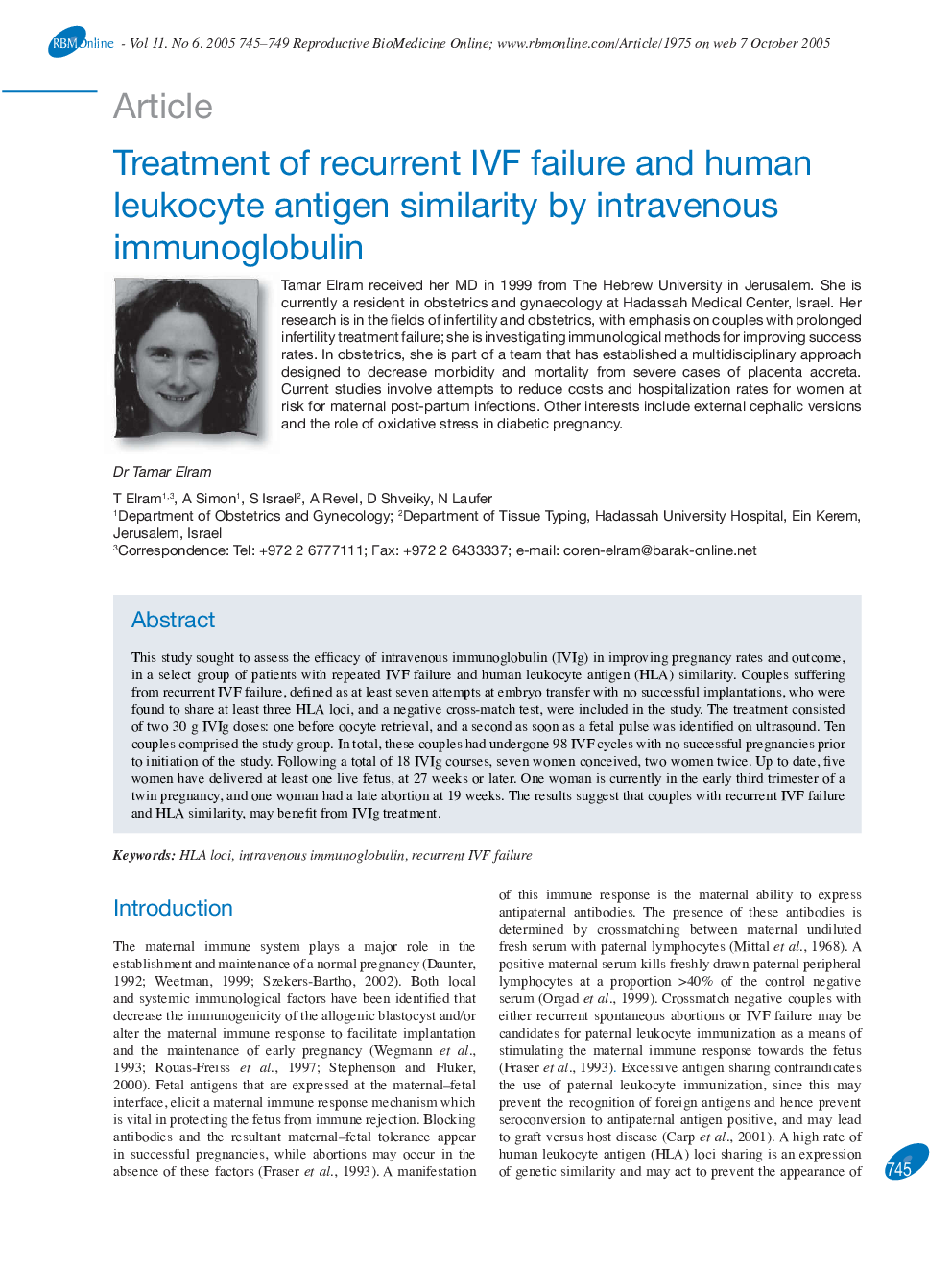 Treatment of recurrent IVF failure and human leukocyte antigen similarity by intravenous immunoglobulin