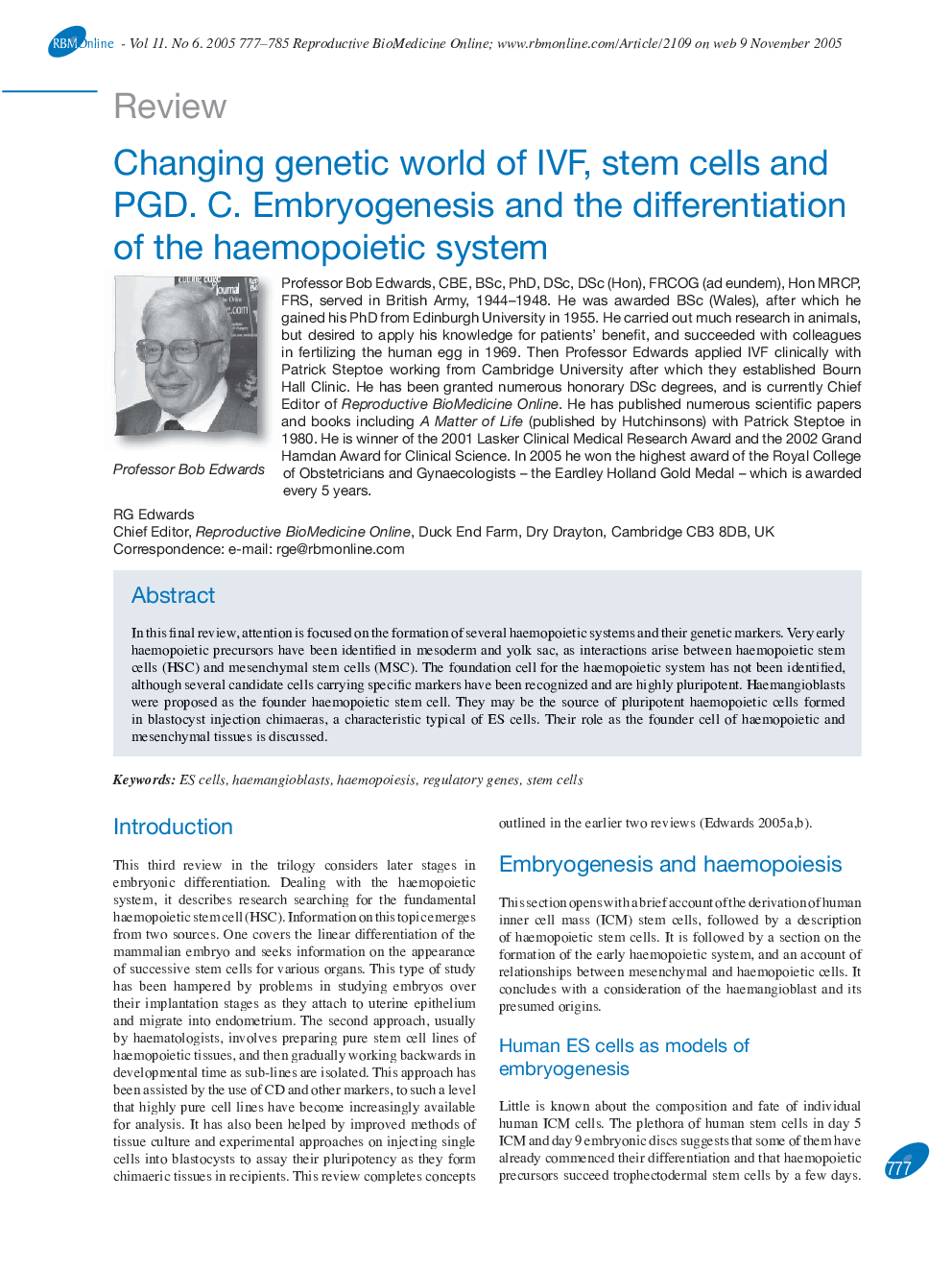 Changing genetic world of IVF, stem cells and PGD. C. Embryogenesis and the differentiation of the haemopoietic system