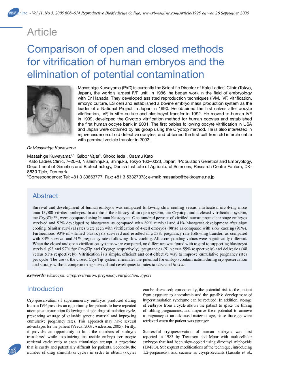 Comparison of open and closed methods for vitrification of human embryos and the elimination of potential contamination