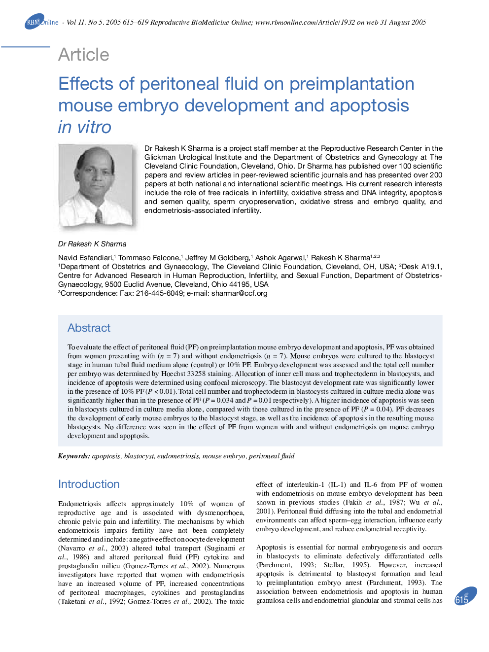 Effects of peritoneal fluid on preimplantation mouse embryo development and apoptosis in vitro