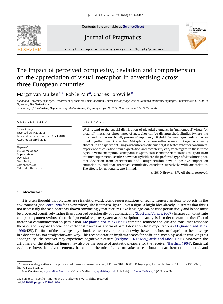 The impact of perceived complexity, deviation and comprehension on the appreciation of visual metaphor in advertising across three European countries