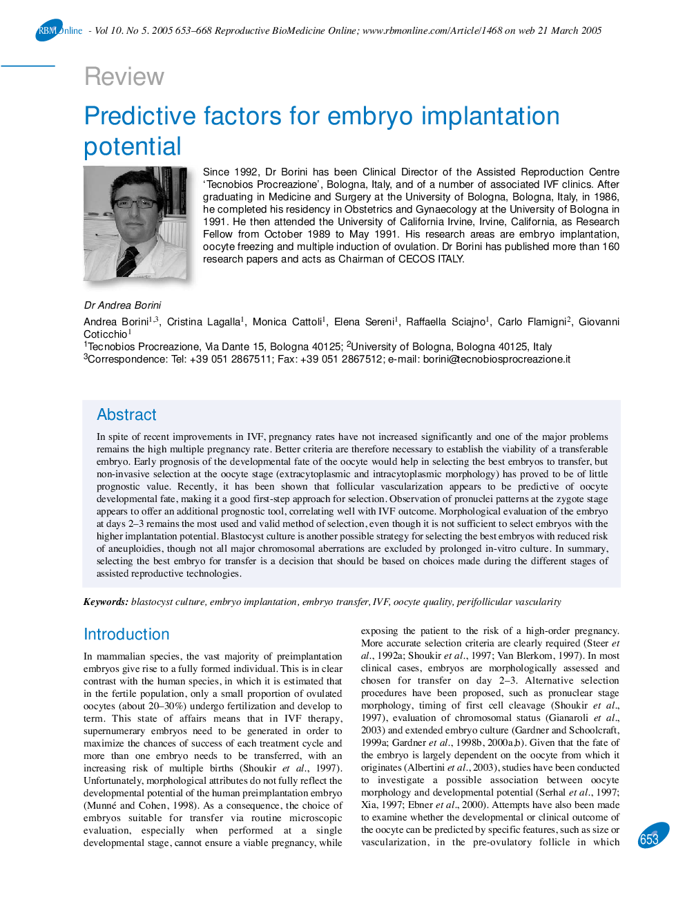 Predictive factors for embryo implantation potential