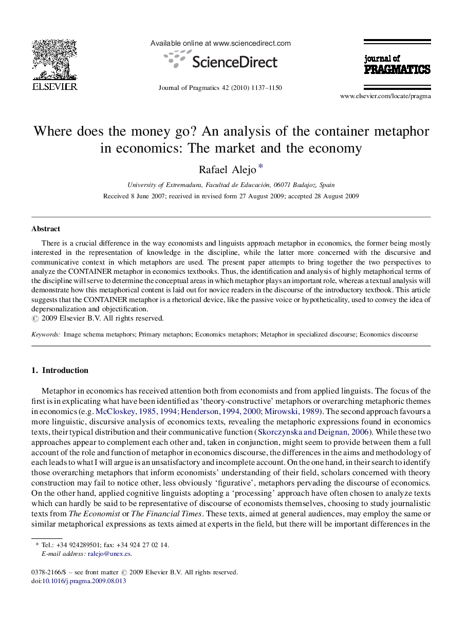 Where does the money go? An analysis of the container metaphor in economics: The market and the economy