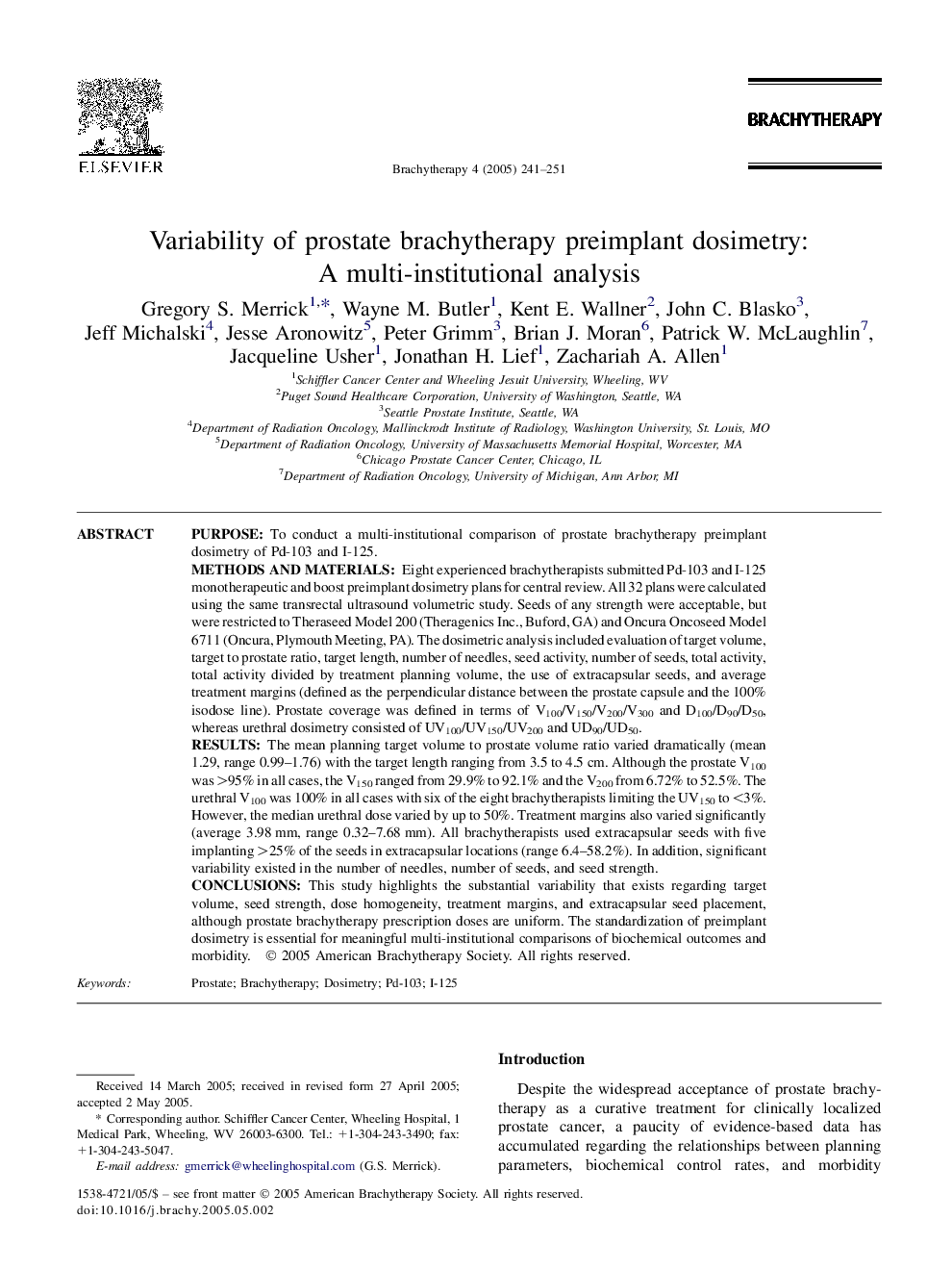 Variability of prostate brachytherapy preimplant dosimetry: A multi-institutional analysis