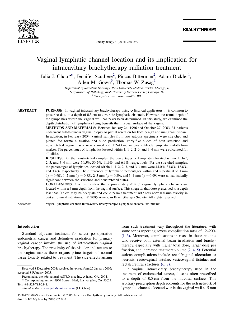 Vaginal lymphatic channel location and its implication for intracavitary brachytherapy radiation treatment