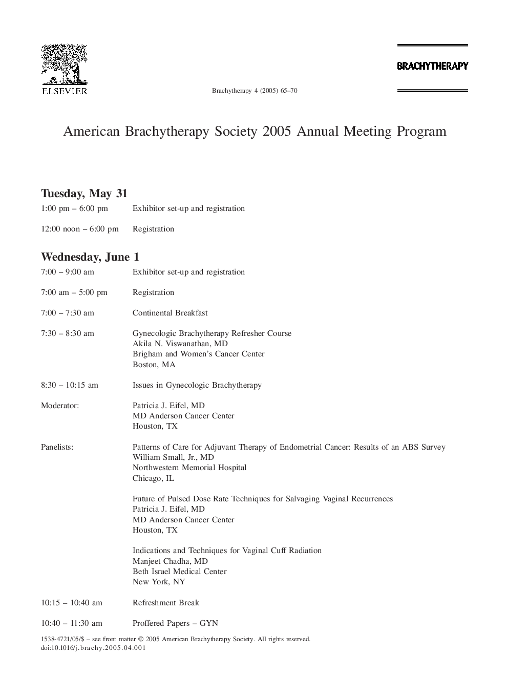 American Brachytherapy Society 2005 Annual Meeting Program