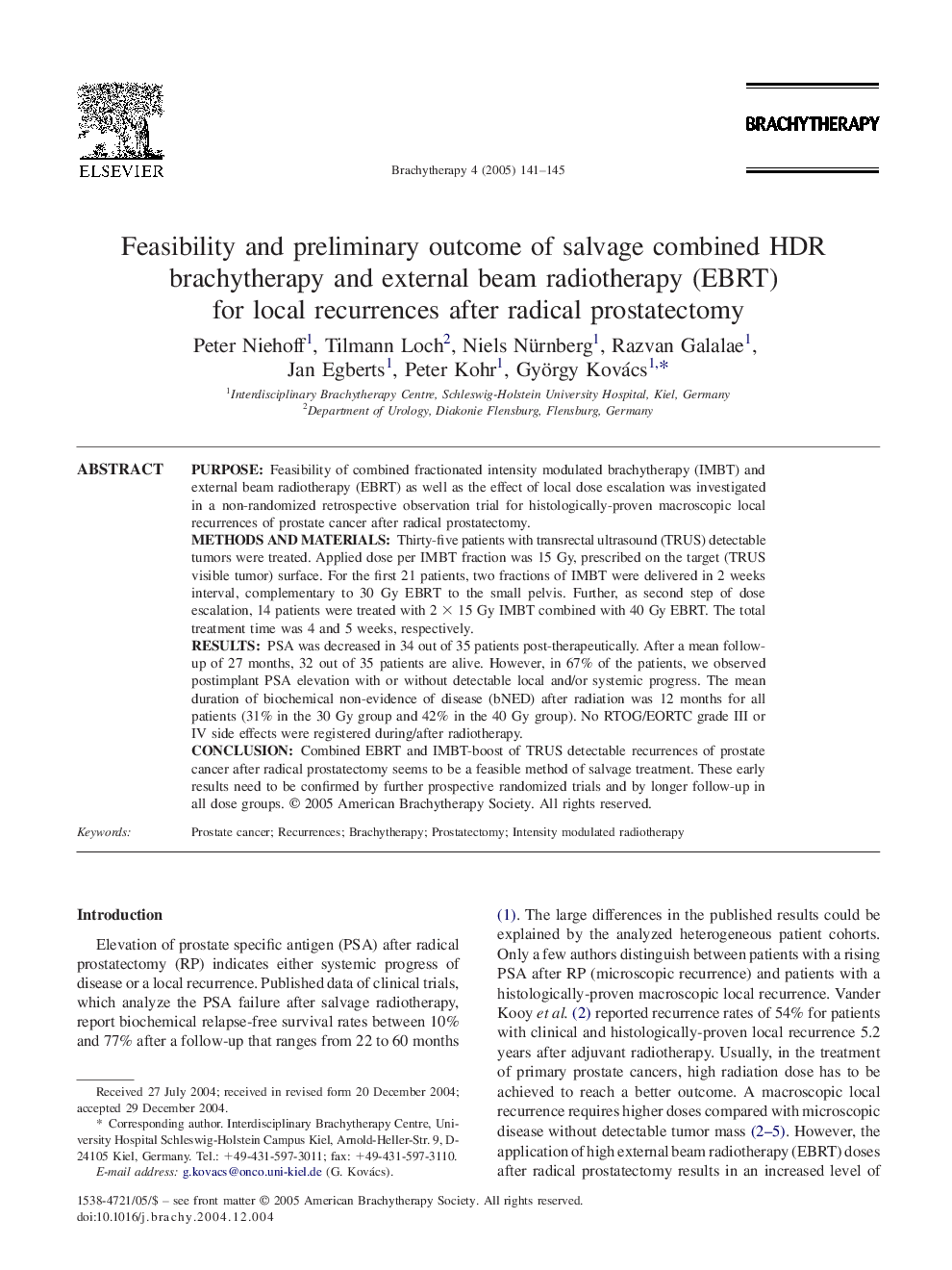 Feasibility and preliminary outcome of salvage combined HDR brachytherapy and external beam radiotherapy (EBRT) for local recurrences after radical prostatectomy