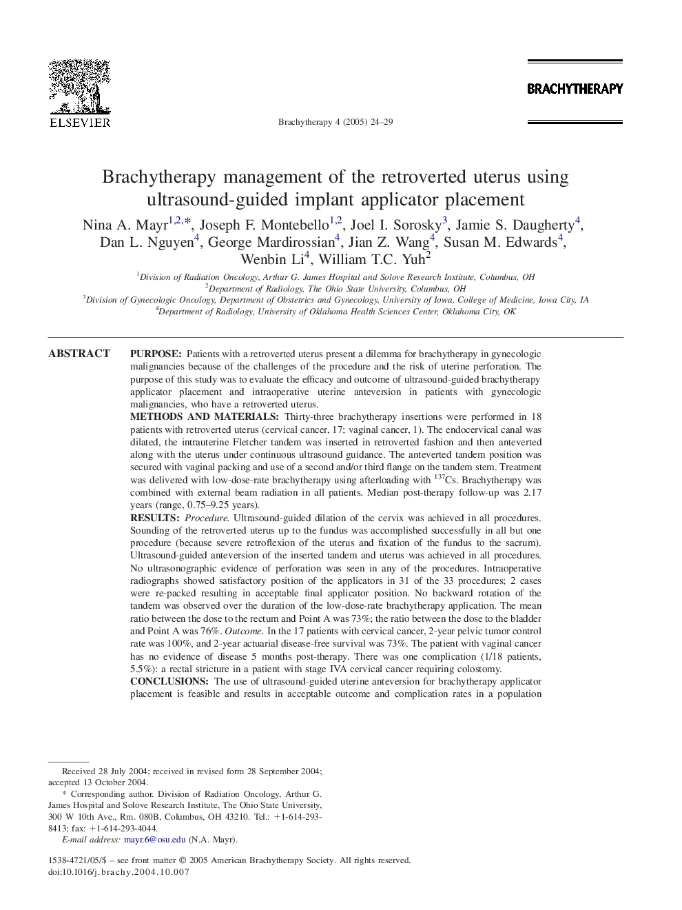 Brachytherapy management of the retroverted uterus using ultrasound-guided implant applicator placement