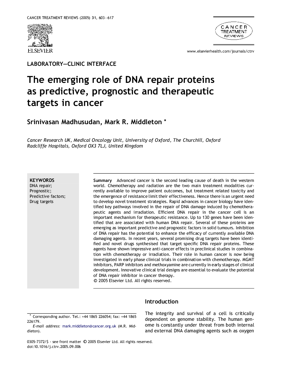 The emerging role of DNA repair proteins as predictive, prognostic and therapeutic targets in cancer