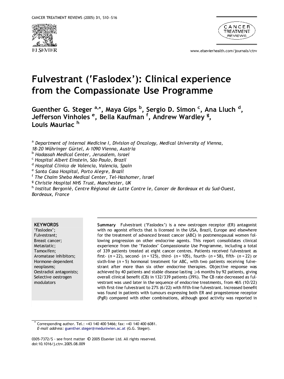 عکس صفحه اول مقاله: Fulvestrant ('Faslodex'): Clinical experience from the Compassionate Use Programme Fulvestrant ('Faslodex'): Clinical experience from the Compassionate Use Programme