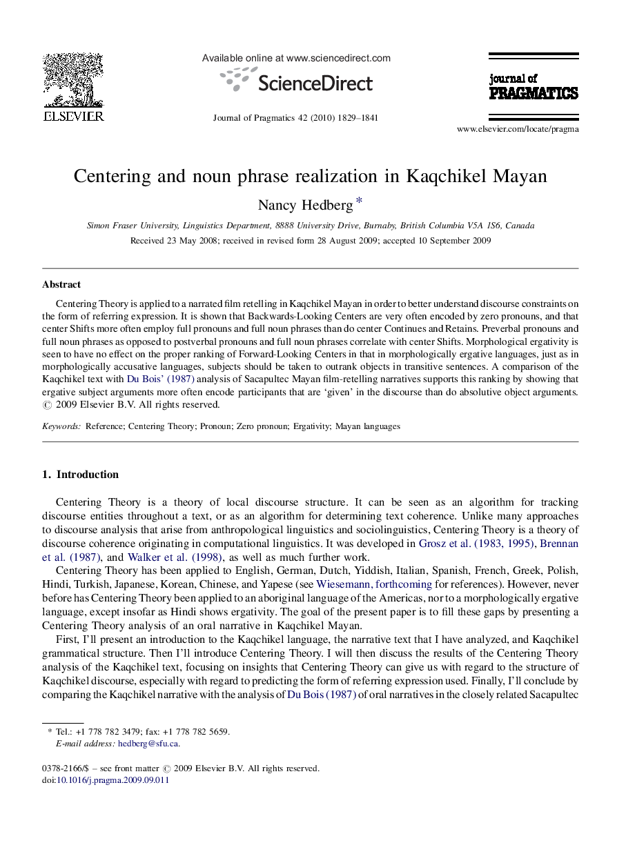 Centering and noun phrase realization in Kaqchikel Mayan