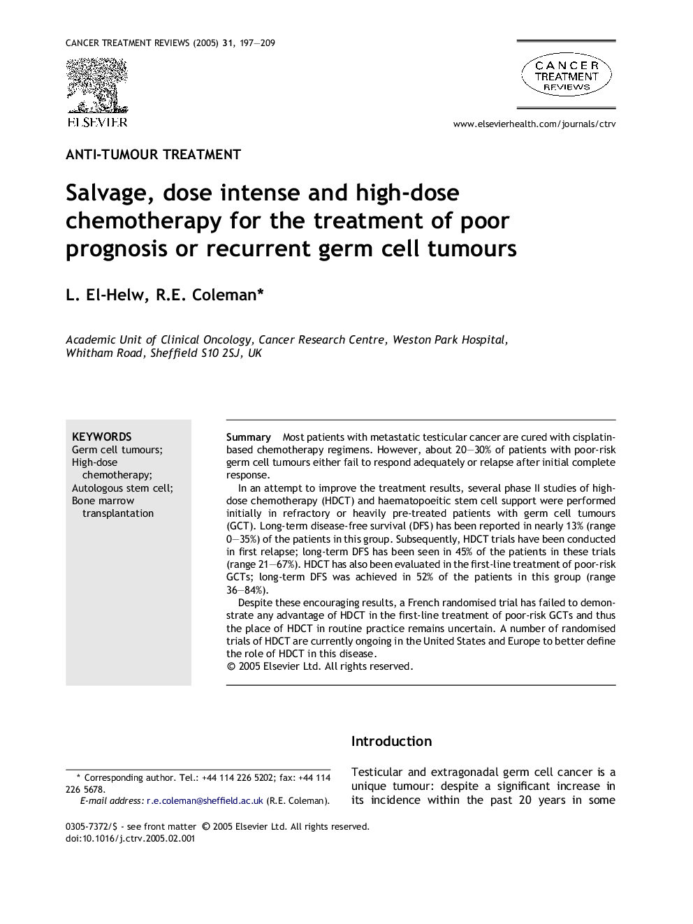 Salvage, dose intense and high-dose chemotherapy for the treatment of poor prognosis or recurrent germ cell tumours