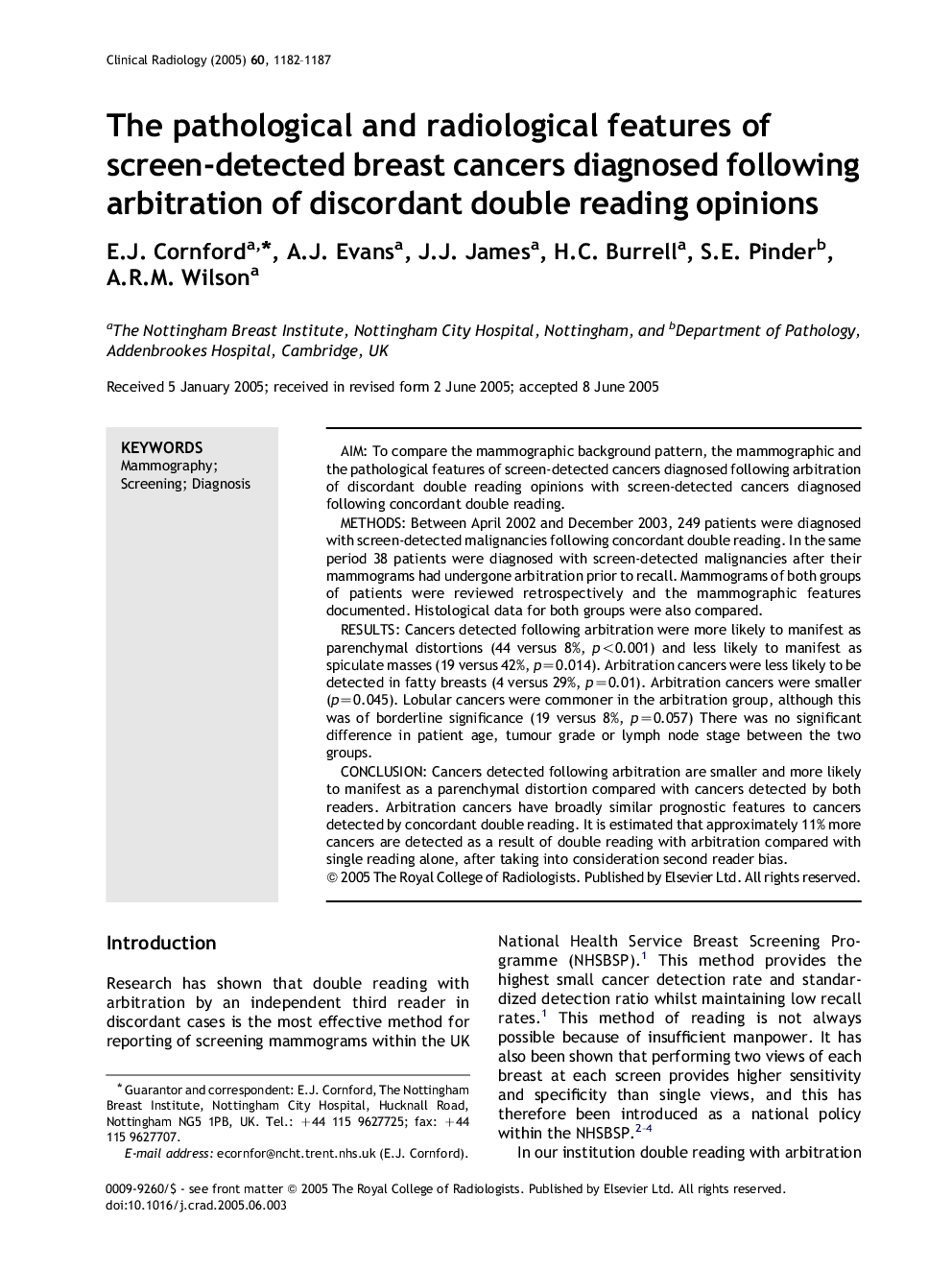 The pathological and radiological features of screen-detected breast cancers diagnosed following arbitration of discordant double reading opinions