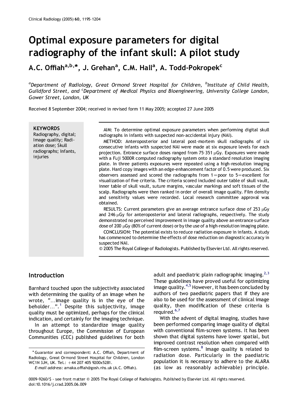 Optimal exposure parameters for digital radiography of the infant skull: A pilot study